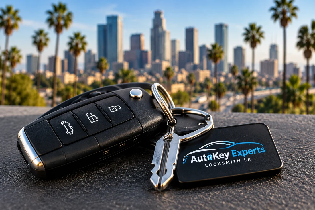 Car key fob and keys with Los Angeles in the background